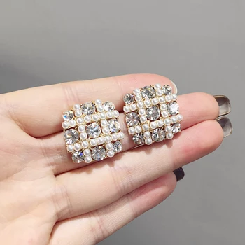 Modes korejas Kristāla Laukumā Zelta auskariem Sievietēm Luksusa Rhinestone Mākslīgas Pērles Auskaru Kāzas Puses Rotaslietas
