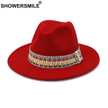 SHOWERSMILE Red Fedora Cepuri Ziemas Panamas Cepure, Sievietes, Elegantas Dāmas Filca Cepures Vintage Rudens Ziemas Trilby Cepuri Platām Malām Fedora