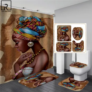 Elegants Āfrikas Melnā Sieviete Drukāt Dušas Aizkaru Komplekts Amerikāņu Meitene Poliestera Vannas Aizkari Anti-slip Vannas Paklāji Paklāji Paklāji