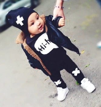 Jaundzimušā Apģērbu Modes Cool Baby Zēni Meitenes Apģērbu Komplekts Melns ar garām Piedurknēm Vēstuli Hi Iespiesti Topi+Bikses 2gab Gadījuma Tērpiem