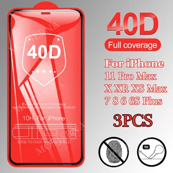3PCS 40D Rūdīts Stikls iPhone 7 8 6 6S Plus XR XS X 11 Pro Max Ekrāna Aizsargs iPhone11 Pro Max Pilnībā Segtu Stikla Filmu Gadījumā