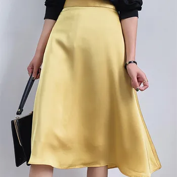 Korejas Zīda Svārki Sievietēm Elegants Birojs Dāma Satīna Svārki Sieviete Ar Augstu Vidukli, Dzelteni Svārki Faldas Mujer Moda 