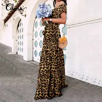 Plus Lieluma Sundress Sieviešu Vintage Leopards Drukāt Ruffles Sen Maxi Kleita Celmia 2021. Gada Vasaras Īsām Piedurknēm Sexy Off Plecu Apmetni