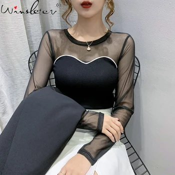 Pavasarī, Rudenī korejiešu Stilā, Augsts Viduklis Īss T-Krekls Sievietēm Sexy O-veida Kakla Raibs Acs Topi Ropa Mujer Visu Maču Kokvilnas t-veida T0N223A