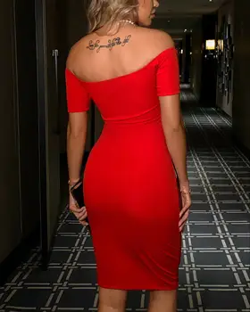 2020. Gada Vasaras Sievietēm Eleganto Sexy Red Kokteilis Midi Puse Kleita Cietā Pie Pleca Ar Īsām Piedurknēm Slim Fit Bodycon Kleita