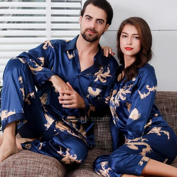 Sieviešu Zīda Satīna Pidžamas Komplekts 2gab Pilnu Piedurknēm Top Bikses Ķīniešu Stilā Jaunais Gads Pūķa Iespiesti Lounge Vīriešu Pāris ir Pidžamas