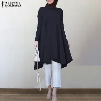 ZANZEA Asimetrisks Krekli, Sieviešu Rudens Blūze Ir 2021. Gadījuma Retro garām Piedurknēm turku Drēbes, Krekli, Sieviešu Cietā Islāmu Apģērbi