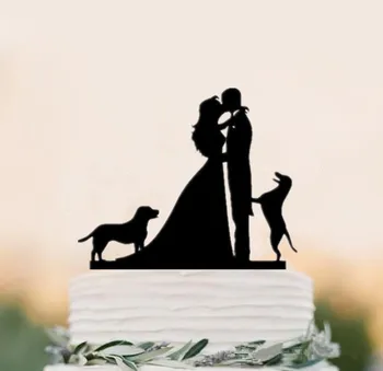 Jaukto Stilu Melna Akrila Līgava un Līgavainis Siluets ar Pet Suns, Kaķis, Mr & Mrs Toppers Kāzu Kūka Dekorēšanas Piederums