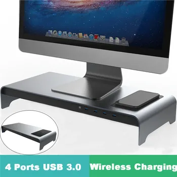 Alumīnija Monitor Stand Stāvvadu 4 Porti USB 3.0 Hub Bezvadu Lādēšanas galddators, Klēpjdators Stāvēt Ekrāna Stāvvadu Galda Turētājs