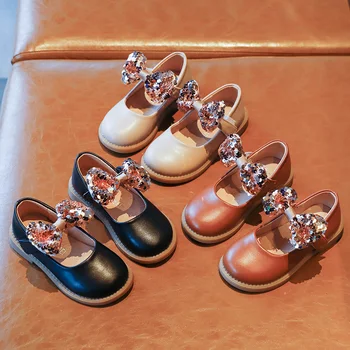ULKNN 2021. gada Pavasara Ādas Apavi Meitenēm Princess Puse Bērnu Loku Footwears Ikdienas Apavi Bērniem vienkrāsainu Modes Non-slip