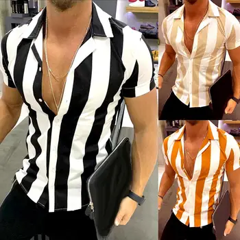 Gadījuma Vīrieši, Savukārt, Apkakles Īsām Piedurknēm Vertikālas Svītras Pogu Slim Krekls, kas piemērots darba dienas, ceļojuma ikdienas valkāšanai