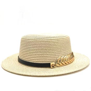 Brīvdienas Panama salmu cepurīte sieviešu malām Pludmales cepure Salokāms Chapeau Dāmas ēnā Melnā josta ar zeltītām lapām Vasaras unisex saules cepure