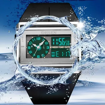 OHSEN Zīmola LCD Ciparu divkodolu Skatīties Ūdensizturīgs Āra Sporta Pulksteņi, Modinātājs Hronogrāfs Backlight Black Gumijas Vīriešu rokas Pulkstenis