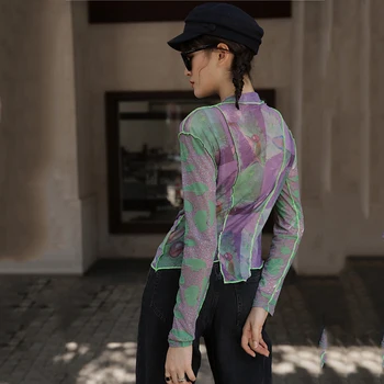 [EAM] Sieviešu Modelis Iespiestas Neregulāras Acs T-krekls Jauno Stand Apkakli, garām Piedurknēm Modes Jūra Pavasara Rudens ir 2021. 1DB689