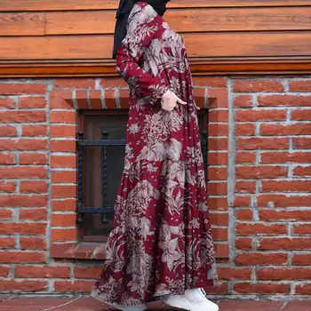 ZANZEA Retro Dubaija Abaya Turcija Hijab Kleita Sievietēm Vintage Ziedu Iespiesti Maxi Sundress Rudens garām Piedurknēm Kaftan Musulmaņu Vestido